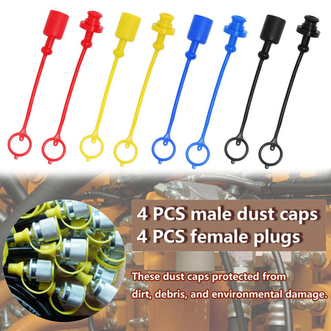 8-pack hydraulic dust caps and plugs set by Ojeemii in red, yellow, blue, and black for 1/2in quick disconnects