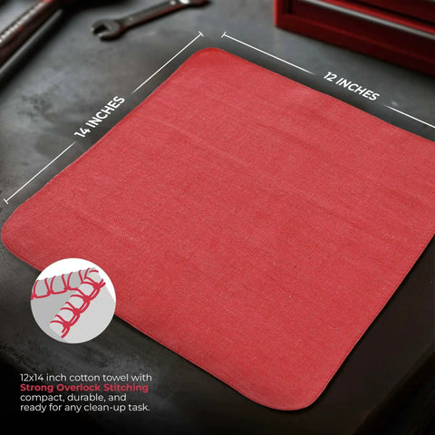 Cotton Shop Towels 12x14 Inch 100 Pack Ultra Absorbent Reusable Rags showing a red towel with strong stitching