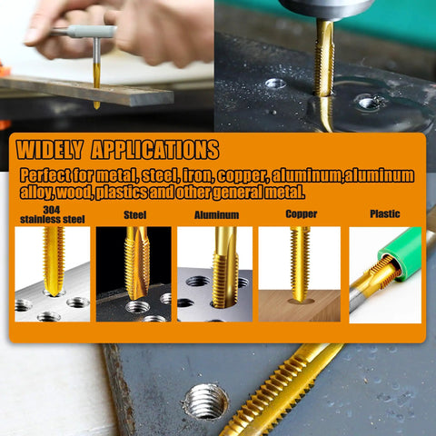 Six Piece Metric Tap Set With Wrench Pro Grade Quality For Metal Aluminum Plastic Wood Includes M2x0.4 M2.5x0.45 M3x0.5 M4x0.7 M5x0.8 M6x1.0 HSS Titanium Plated For Tough Durability In A Handy Storage Box, showing various applications in different materials.