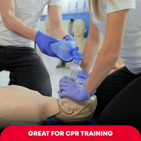 CPR training session using Adult And Infant CPR Mask Kit With One Way Valves, Gloves, Alcohol Prep Pads, portable red emergency kit