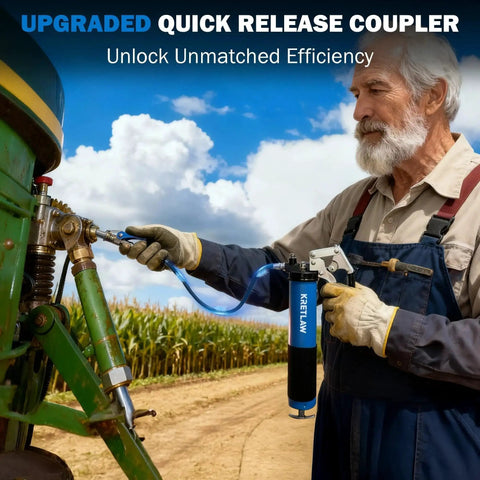 Man using Heavy Duty 7000 PSI Pistol Grip Grease Gun Kit With 14 Oz Cartridge to lubricate tractor component by field