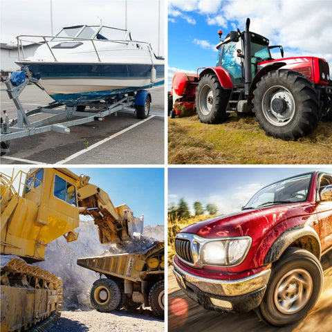 AtomLube All Purpose Grease, 2-pack 14 oz tubes; collage shows boat trailer, red tractor, yellow excavator, red pickup.