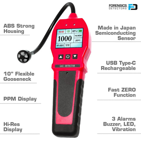 Ultra Fast Gas Leak Detector With 1 Second Sensor features ABS housing, color LCD display, and flexible gooseneck for inspectors and techs.