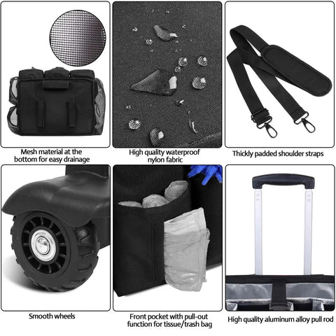 Close-up of Extra Large Rolling Cleaning Caddy with multiple features including nylon fabric, wheels, pockets, and adjustable strap.