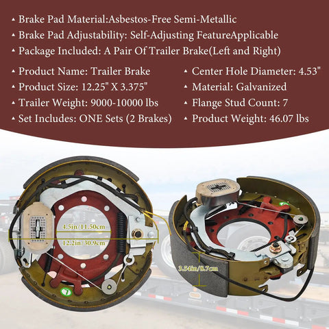 Front view of two electric trailer brake assemblies (left and right), 12.25 x 3.375 inches, for Dexter 9k–10k lb axles