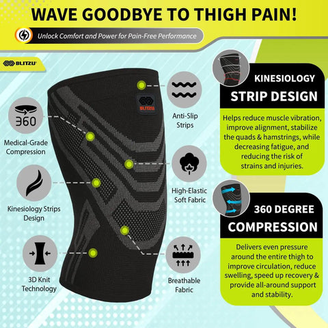 Black kinesiology compression sleeve, anti-slip design, 3D knit, promoting pain relief for quads and hamstrings support