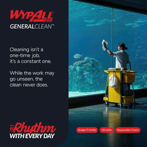 Custodian cleaning aquarium window with GeneralClean supplies in yellow cart, showcasing the constant need for cleanliness.