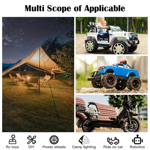 Collage showing applications for 12V Power Wheel Battery Adapter Kit With 30A Fuse And 12AWG Silicone Copper Wire