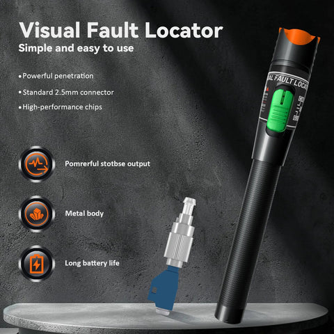Visual fault locator handheld tester with green switch, orange cap, black textured handle, and 2.5mm adapter.