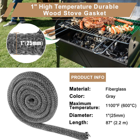 Amazon Komokeru wood stove gasket rope, 1 in x 87 in gray fiberglass heat-resistant seal for wood stoves