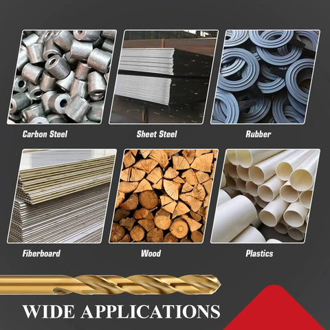 Different materials like carbon steel, sheet steel, rubber, fiberboard, wood, and plastics for drill bit use