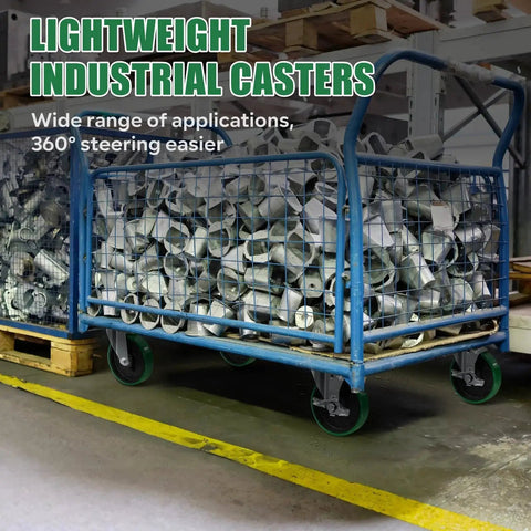 Warehouse cart with five inch industrial caster wheels with heavy duty cast iron core and premium thick polyurethane tread non marking for carts and toolboxes swivel design with 550 pound load capacity per wheel rolls smooth and durable shop grade wheels and metal parts