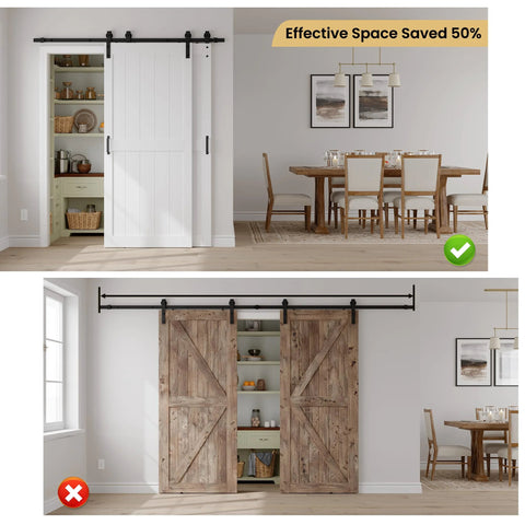 38 Inch By 84 Inch Bypass Barn Door With 6.6 Ft Track Hardware Kit Included, H Shape Solid Core MDF Build, installed in dining room.