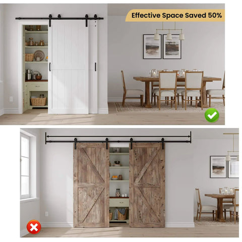 30 By 84 Inch Bypass Barn Door With Five Foot Track Hardware Kit Included H Shape Solid Core MDF Door With Waterproof PVC Surface Space Saving Sliding Door White Durable And Easy To Install No Cracking Modern Home Upgrade installed in dining room