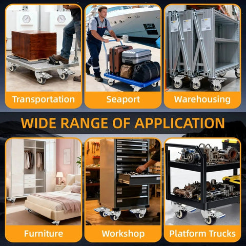 4 Inch Caster Wheels Set Of 4 Rust Proof 304 Stainless Steel Heavy Duty Casters For Furniture Labs Hospitals Restaurants Industrial Outdoor Anti Corrosion Industrial Castors With 360 Degree Swivel And 2100 Lbs Load Capacity in various applications like transportation, seaport, warehousing, furniture, workshop, and platform trucks.