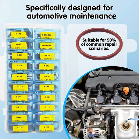 Langina 300pc FKM Viton O-ring kit in blue case, 22 SAE AS568 sizes for automotive fluids, engines, and transmissions.