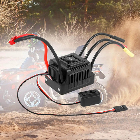 60A Waterproof Dustproof Brushless ESC With Sensorless Tech for 1/10 RC cars, T plug compatibility, on outdoor dusty trail.