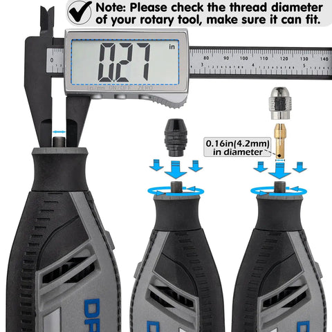 Go-To 16 Piece Drill Chuck Collet Set For Dremel Rotary Tools with digital caliper measuring tool and collet installation instructions