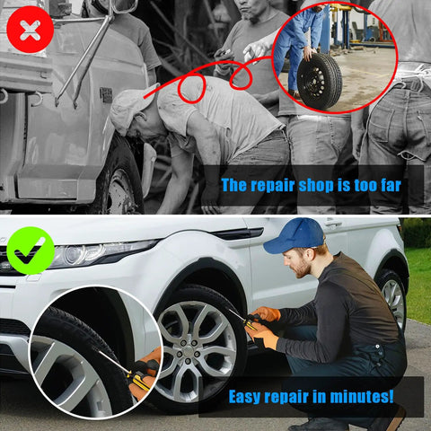 Man using the 60 Piece Tire Repair Nails Kit With Rubber Plugs For Quick Puncture Fixes DIY Self Service Vacuum Tire Repair Tools For Auto Motorcycle Car Truck Tractor NQEUEPN on a car tire.