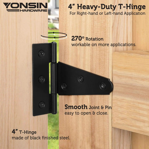 4 Inch T Strap Shed Door Hinges 4 Pack Heavy Duty Black Finish For Wooden Fence Gate Outdoor Barn Door Hardware 2mm installed