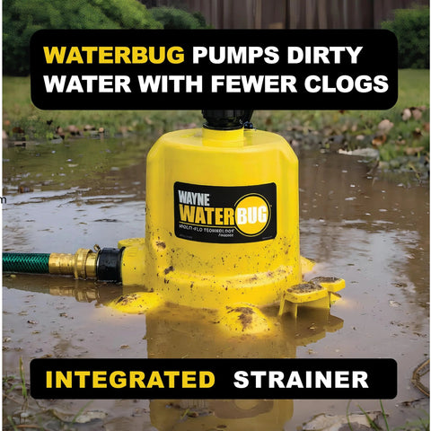 Wayne WaterBug yellow submersible pump with integrated strainer and hose connection