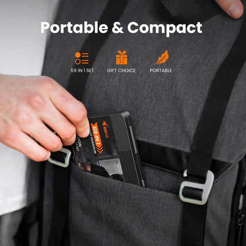 Person placing 59 In 1 Precision Screwdriver Set With 44 Bits Into Backpack Pocket
