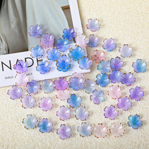 100 Pcs Cherry Blossom Acrylic Flower Beads For Jewelry Making And Bracelet Charms, Pink And Blue Gradient With Gold Edge