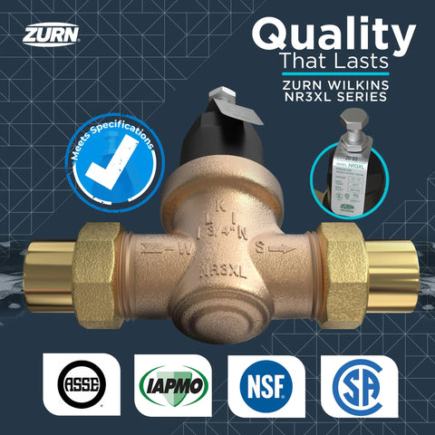 Zurn Wilkins 3/4in NR3XL water pressure reducing valve with by-pass check and strainer, brass body, double union
