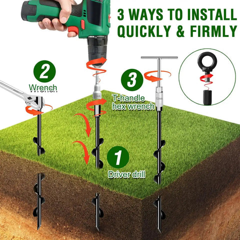 Installation guide for Heavy Duty 18 Inch Screw In Ground Anchors 4 Pack with Spiral Auger Stakes using drill, wrench, and T-handle tools.