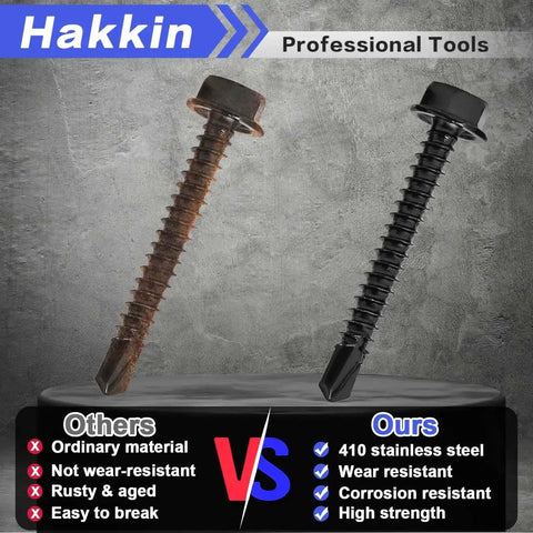 Comparison of Self Drilling Hex Washer Head Screws Kit With Hex Socket Pro Grade 410 stainless steel vs ordinary rusty screw