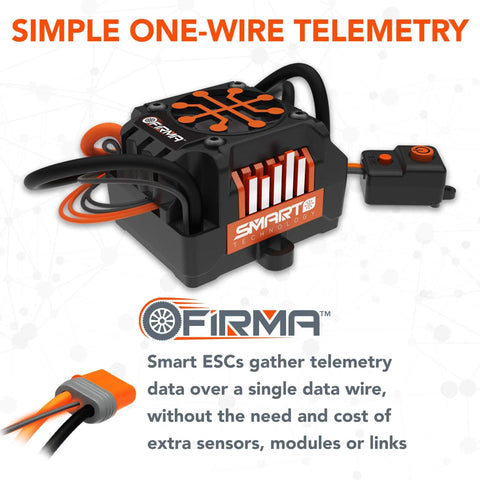Firma 130A Brushless Smart ESC with simple one-wire telemetry, showing wiring and connectors on a white background.