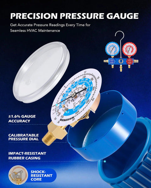 Angled front view of Orion Motor Tech A2L AC vacuum pump and gauge set; blue housing, 3-way gauges, hoses