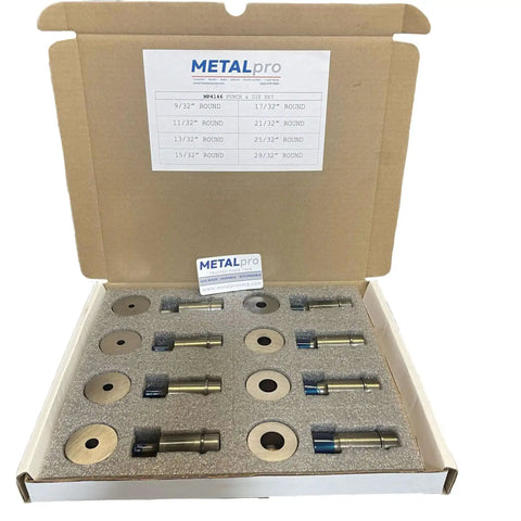 Open box of 8 Piece Round Punch And Die Set MP4146 For Ironworkers with various sizes from 9/32 to 29/32 inch, compatible with METALpro Ironworkers.