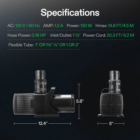 VIVOSUN 3567 GPH submersible pond pump, 130W, black plastic; side/front views, 12.4 in long, 5 in wide, 1.5 in inlet/outlet