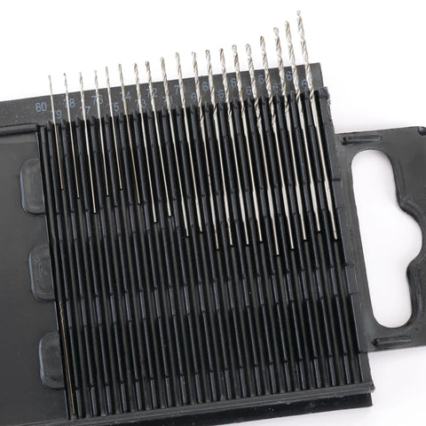 Close-up of the 20-Piece Drill Bit Set With Wire Gauge Size 20 For Wood Metal And Plastic In An Indexed Metal Case.