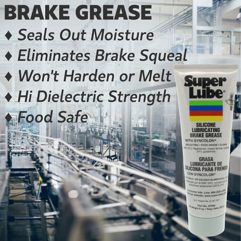 Silicone Brake Grease With PTFE For 8 Oz Tube with benefits list in a factory setting, non-curing, translucent white packaging.