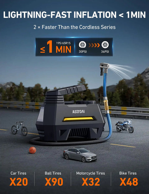 Portable Tire Inflator On The Go With Digital Gauge And Emergency LED Light For Cars And Bikes 12V DC Car Air Pump Nine Point Eight Foot Cord Yellow And Balloons showing quick inflation speeds and compatibility with various tires.