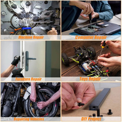 Collage showing uses of Must Have 3000Pcs Metric Screw Assortment Kit With 18 Sizes M2 Through M5 in repairs and DIY projects.