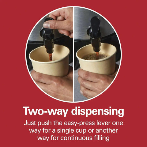 Two-way dispensing of Party Ready 45 Cup Coffee Urn And Hot Beverage Dispenser With Fast One Minute Per Cup Brew Crowd Friendly