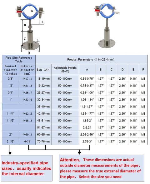 Stainless Steel 304 Wall And Ceiling Pipe Mounts Two Pack, Adjustable Pipe Clamps And Hangers For 48 To 51 Mm OD Pipes, Height Adjustable 50 To 100 Mm, Corrosion Resistant For Humid Environments with dimensions guide table.