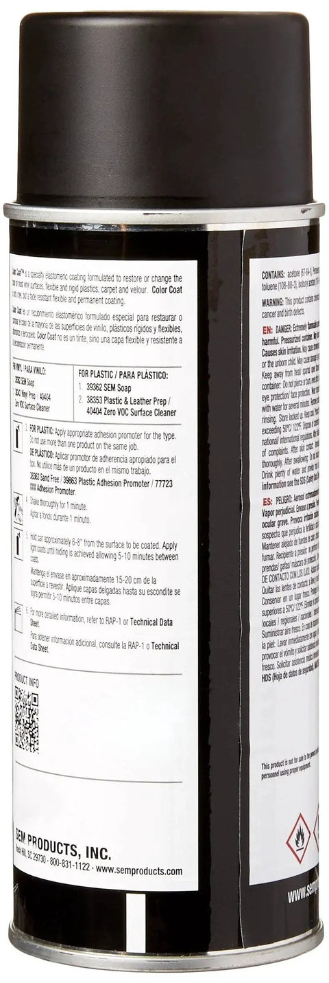 Side view of Satin Black Elastomeric Color Coat For Vinyl And Plastic Surfaces 12 Oz can showing label details.