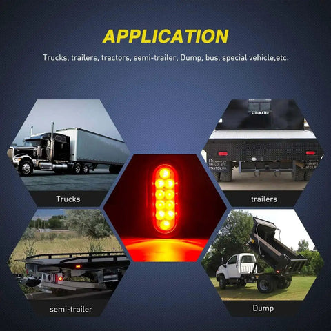 Diagram showing application of 6 Inch Oval Red LED Tail Lights 2 Pack with Surface Mount Grommets IP65 Waterproof for trucks, trailers, and more