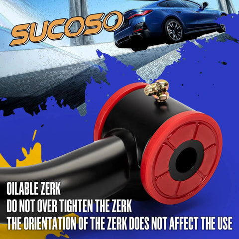 Close-up of oilable zerk on a suspension arm, emphasizing correct orientation. Background shows a car and the text 'SUCOSO'.