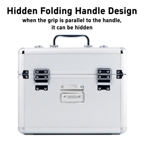 Metal toolbox with hidden folding handle with pull ring, showcasing hidden folding handle design.
