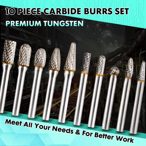 Pro Grade EastPace 10 Piece Tungsten Carbide Burr Set One Quarter Inch Shank Double Cut For Metal Grinding And Deburring