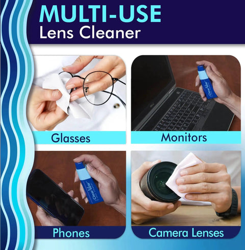 Portable Eyeglass Lens Cleaner Kit With Refillable Spray And Microfiber Cloth used on glasses, laptop, phone, and camera lens