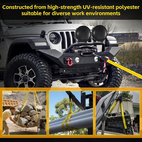 Amazon two-pack yellow lifting straps with loops, 9,400 lb; for recovery and rigging; shown on off-road vehicle.