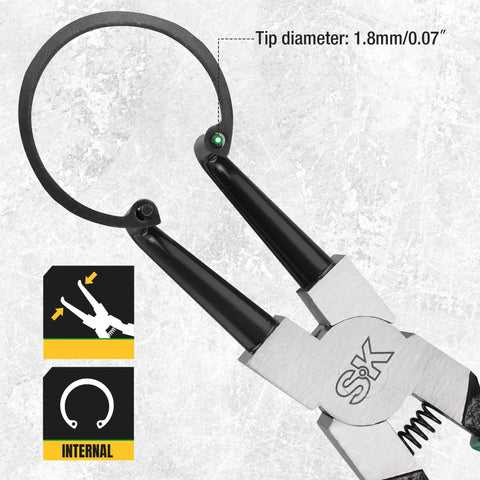7 Inch Snap Ring Pliers With 90 Degree Bent Jaw For Internal Circlips, 0.07 Inch Tip Diameter, Pro Grade CR-V Steel, shown in use with circlip