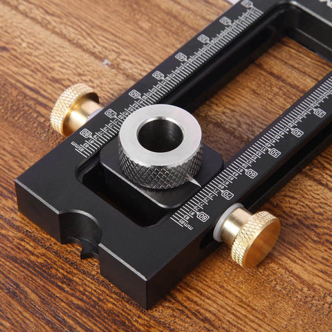 Close-up of 2 In 1 Drill Guide And Dowel Jig For Woodworking Aluminum 6061 Pocket Hole Jig showing self aligning pin locator.