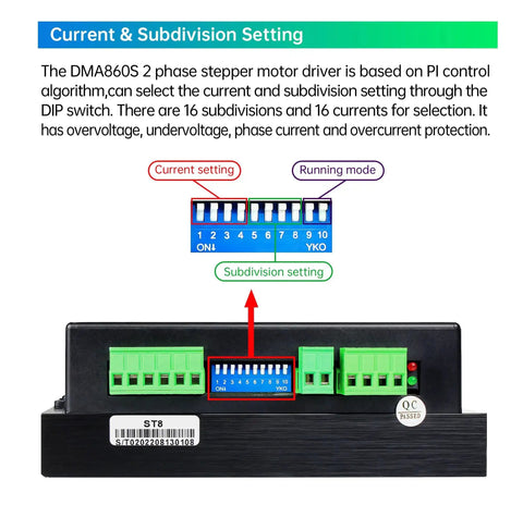 Four Pack DMA860S 2-Phase Stepper Motor Driver for CNC Router and Engraving Machine showing current and subdivision settings
